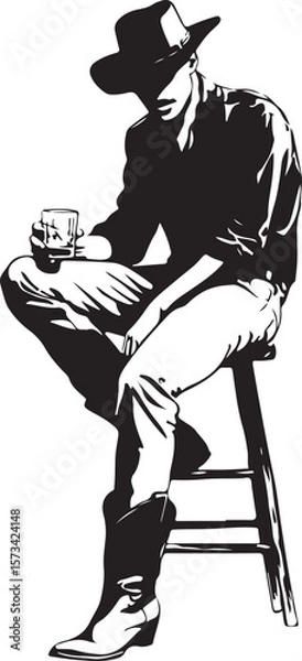 Obraz Cowboy Sitting on a Barstool Silhouette Vector Illustration on Transparent Background