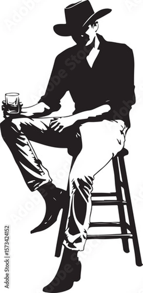 Obraz Cowboy Sitting on a Barstool Silhouette Vector Illustration on Transparent Background