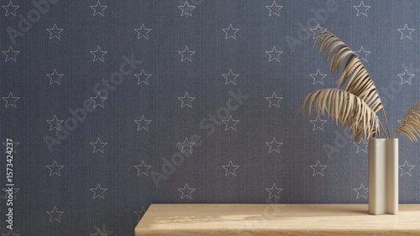 Fototapeta Blue wall mockup with stars and a wooden table. 3D rendering, interior design, 3D illustration