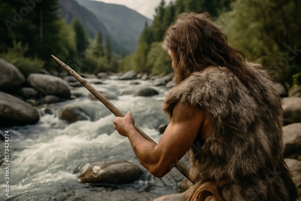 Fototapeta Ancient Hunter Navigating Rocky Riverbank While Fishing in Wild Nature Surrounded by Dense Forest