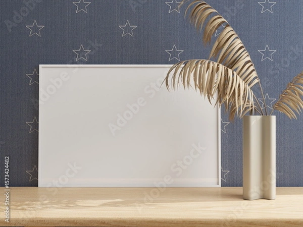 Fototapeta Horizontal frame mockup on a wooden table and ornamental plant. 3D rendering, interior design, 3D illustration