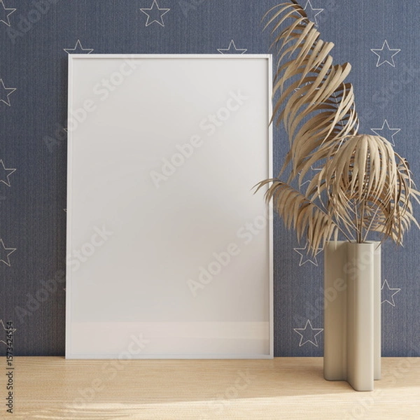 Fototapeta Vertical frame mockup on a wooden table and ornamental plant. 3D rendering, interior design, 3D illustration