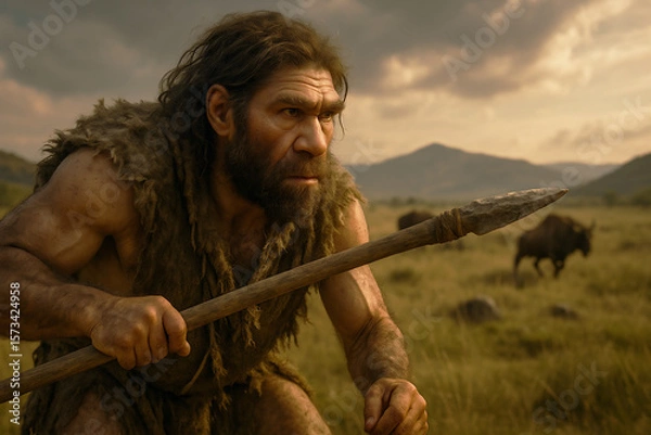 Fototapeta Caveman Prepares for a Hunt in a Prehistoric Landscape Under a Cloudy Sky During Sunset