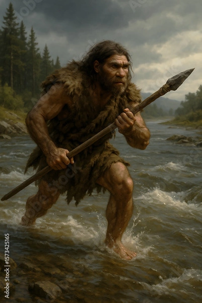 Fototapeta Primitive Hunter Wades Through a River With a Spear in a Prehistoric Landscape