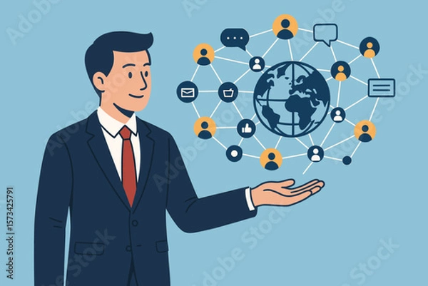 Fototapeta Businessman holding global network structure for data exchange. Customer network connection, digital marketing, social media communication concept. Internet business technology.