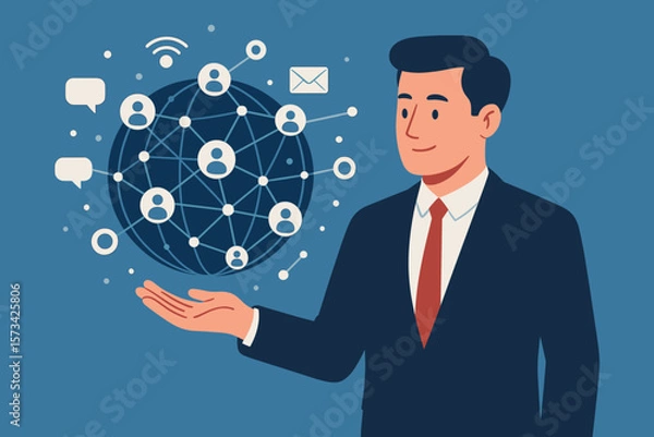 Fototapeta Businessman holding global network structure for data exchange and customer connection. Digital marketing, social media, and communication concept. Internet technology vector.
