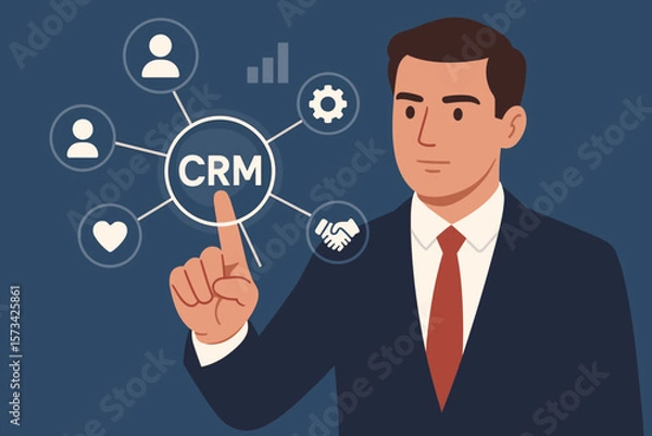 Fototapeta CRM Customer Relationship Management concept. Businessman interacts with virtual interface. Business technology for marketing, sales, service. Flat vector cartoon illustration.