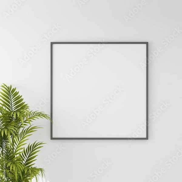 Fototapeta Square frame mockup on a white wall with an ornamental plant. 3D rendering, interior design, 3D illustration