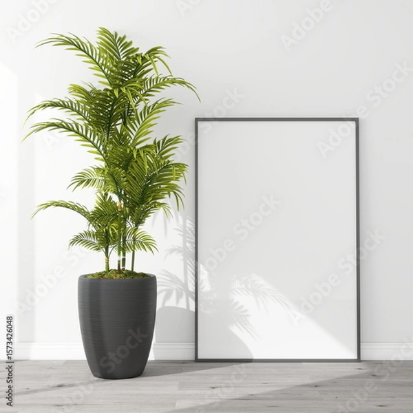 Fototapeta Vertical frame mockup on the floor with an ornamental plant. 3D rendering, interior design, 3D illustration