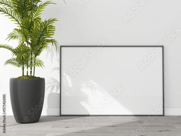 Fototapeta Horizontal frame mockup on the floor with an ornamental plant. 3D rendering, interior design, 3D illustration