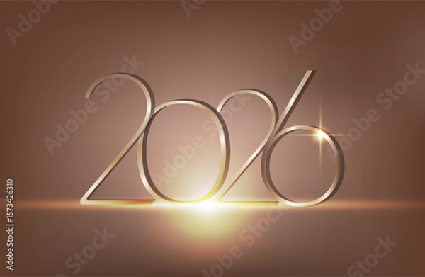 Obraz Happy new year 2026. Holiday greeting luxury card design. 3D Shiny gold realistic numbers isolated on light brown background. 