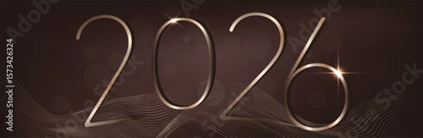 Obraz Happy new year 2026. Holiday greeting luxury card design. 3D Shiny gold realistic numbers isolated on dark brown background. 