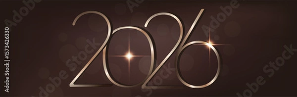 Obraz Happy new year 2026. Holiday greeting luxury card design. 3D Shiny gold realistic numbers isolated on light brown background. 