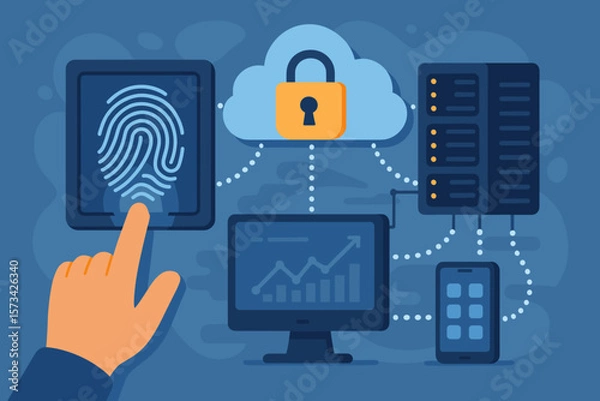 Fototapeta Internet security concept with fingerprint scanning unlock, secure access to business data network, cloud computing protection, modern flat vector cartoon illustration