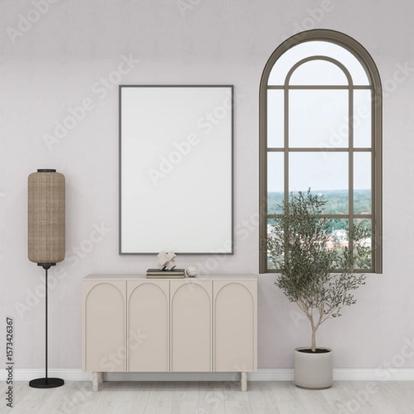 Fototapeta Vertical frame mockup on a sideboard, decorated with a window and an ornamental plant. 3D rendering, interior design, 3D illustration
