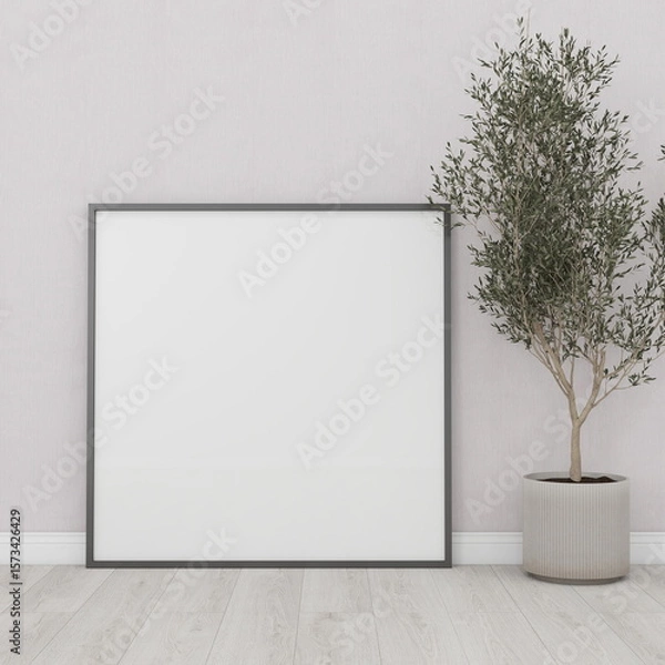 Fototapeta Square frame mockup on the floor and ornamental plant. 3D rendering, interior design, 3D illustration