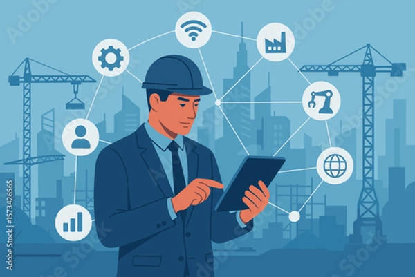 Fototapeta Engineer manager using tablet for smart factory control on a construction site. Industry 4.0 concept with automation, innovation, and network icons. Futuristic industrial tech.