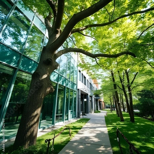 Obraz Sustainable glass office building with tree