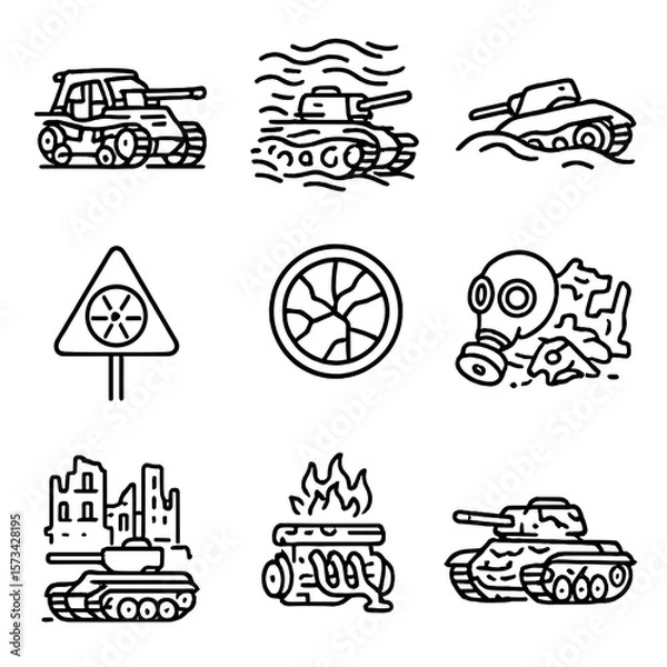 Fototapeta Post-Apocalyptic Tank Icons. Outline style icons of Post-Apocalyptic Tank Scenes: skeletal tank frame, tank in dust storm, tank
