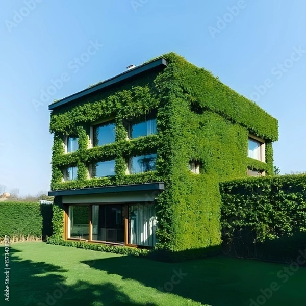 Obraz Glass building house covered by green ivy with blue sky 