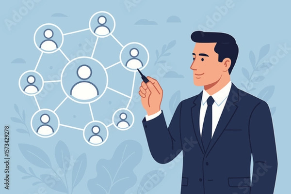 Fototapeta Businessman managing client network structure. Customer retention, acquiring new customers for global expansion. Strong customer loyalty, team building, HR management concept vector.