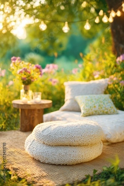 Fototapeta Cozy boho summer outdoor lounge with string lights, cushions & greenery by the lake – relaxed al fresco décor concept