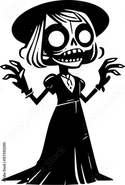 Fototapeta halloween drawing of a silly zombie character in a funny pose in black and white doodle style for halloween themed designs
