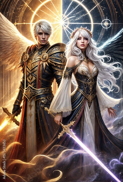 Obraz Romantic fantasy couple in magical world, elegant characters in medieval or fairytale setting, enchanted love scene with fantasy outfits and mystical atmosphere