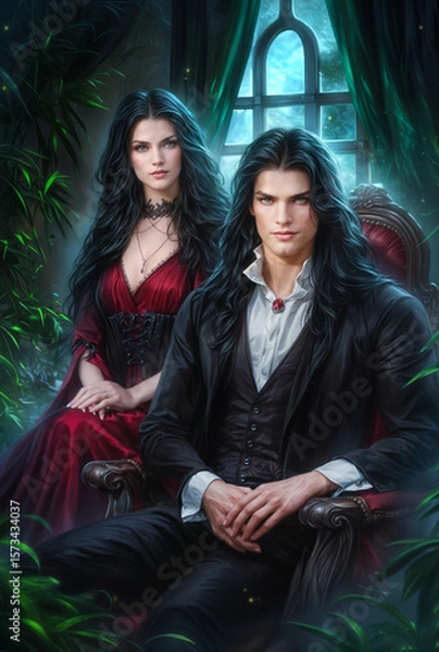 Obraz Romantic fantasy couple in magical world, elegant characters in medieval or fairytale setting, enchanted love scene with fantasy outfits and mystical atmosphere