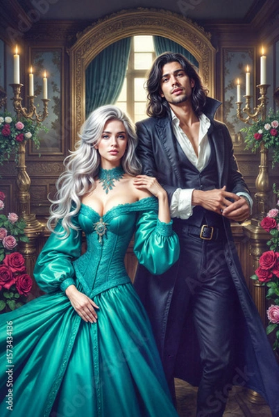 Obraz Romantic fantasy couple in magical world, elegant characters in medieval or fairytale setting, enchanted love scene with fantasy outfits and mystical atmosphere