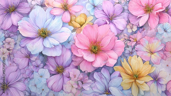 Fototapeta Serene Springtime Blossom: Pastel Floral Harmony with Artistic Hand-Drawn Charm