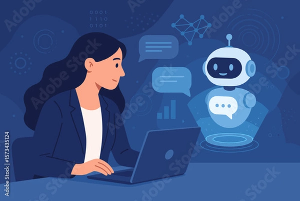 Fototapeta Businesswoman Using Laptop with AI Chatbot, Deep Learning, Digital Transformation, Tech Analytics, Virtual Hologram, Innovation, Futuristic Technology Concept