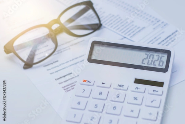 Obraz White calculator displaying the number 2026, placed on financial documents with black eyeglasses nearby. Concept business planning and tax calculation.