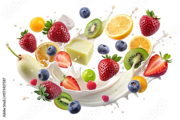 Fototapeta Pieces of fruit and milk flew around isolated on white background PNG. ai