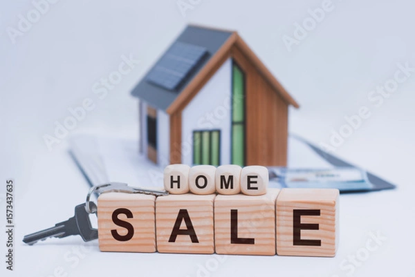 Obraz Real estate concept featuring wooden blocks spelling HOME SALE, a keychain with house keys, and a miniature model home with solar panels. Concept property selling and home buying.