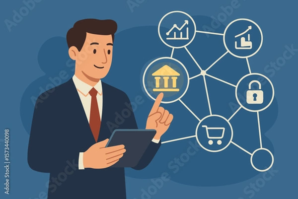 Fototapeta Businessman using tablet interacting with digital banking network, finance data analysis, online shopping, secure payment, financial technology, digital marketing concept