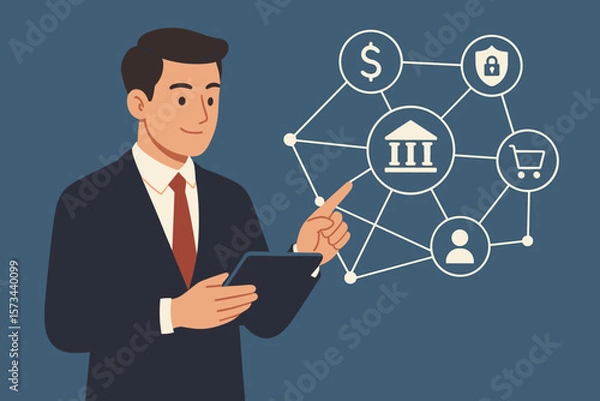Fototapeta Businessman using tablet for digital banking network. Finance technology, online banking, secure payment, e-commerce, customer connection, fintech, financial data integration