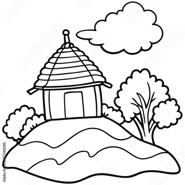 Fototapeta Rural hut with tree and other element kids coloring page