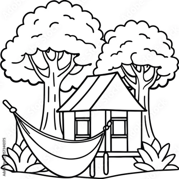 Fototapeta Rural hut with tree and other element kids coloring page