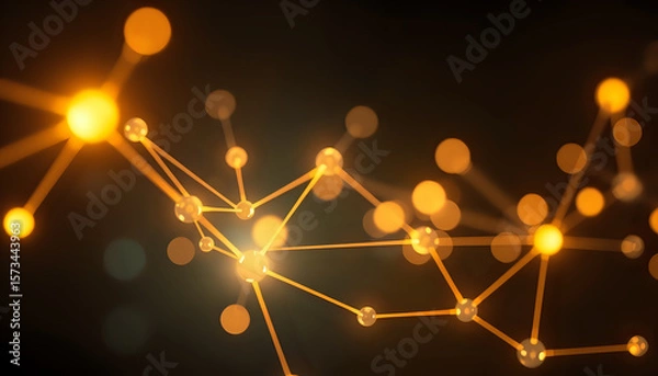 Fototapeta Abstract glowing nodes in warm golden light symbolize deep connections on a dark background.