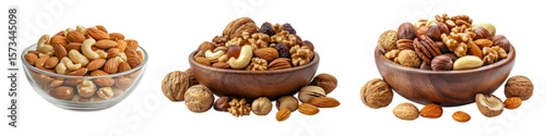 Fototapeta A set of bowls of mixed nuts including cashews, almonds, walnuts, and hazelnuts, isolated on a transparent background.