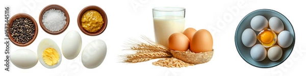 Fototapeta A collection of eggs, milk, mustard, pepper, and salt in wooden bowls, isolated on a transparent background.