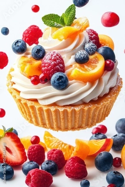 Fototapeta fruit tart flying with fresh fruits and cream, isolated on white background