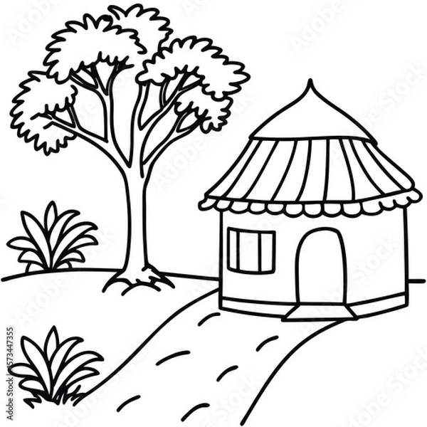 Fototapeta Rural hut with tree and other element kids coloring page
