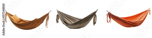 Fototapeta Set of three cozy fabric hammocks in earth tones with soft pillows, isolated on transparent background.