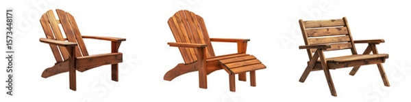 Fototapeta Set of three rustic wooden outdoor chairs with slanted backs and wide armrests, isolated on transparent background.