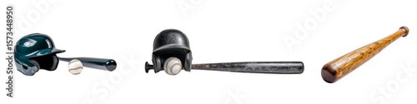 Fototapeta Set of baseball helmets, bats and balls in a row, old and new equipment, isolated on white, transparent background.