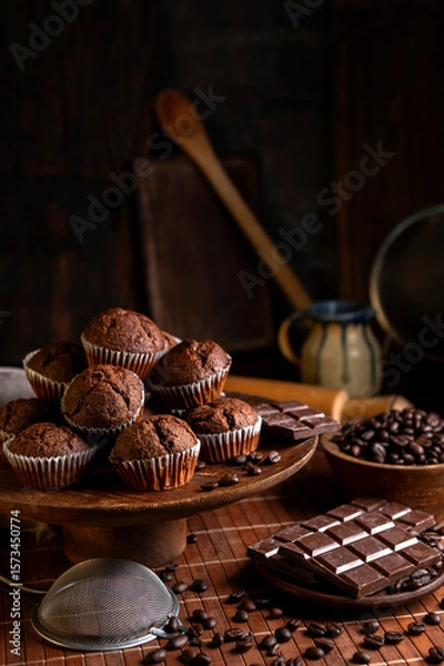 Fototapeta Chocolate muffins with liquid chocolate and dulce de leche with cocoa powder, a chocolate bar, and coffee beans on a wooden table with kitchen utensils.