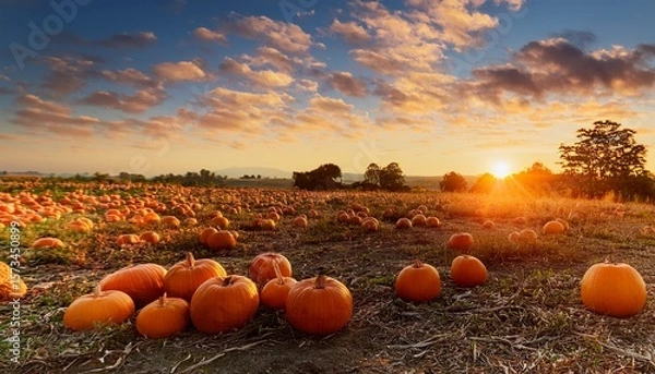 Obraz field of orange pumpkins during sunset