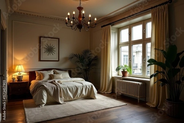 Fototapeta Vintagestyle bedroom with warm lighting, cozy bed, plants, and a large window creating a peaceful atmosphere. Reuse of wooden pallets, care for the environment. secondary raw materials and recycling
